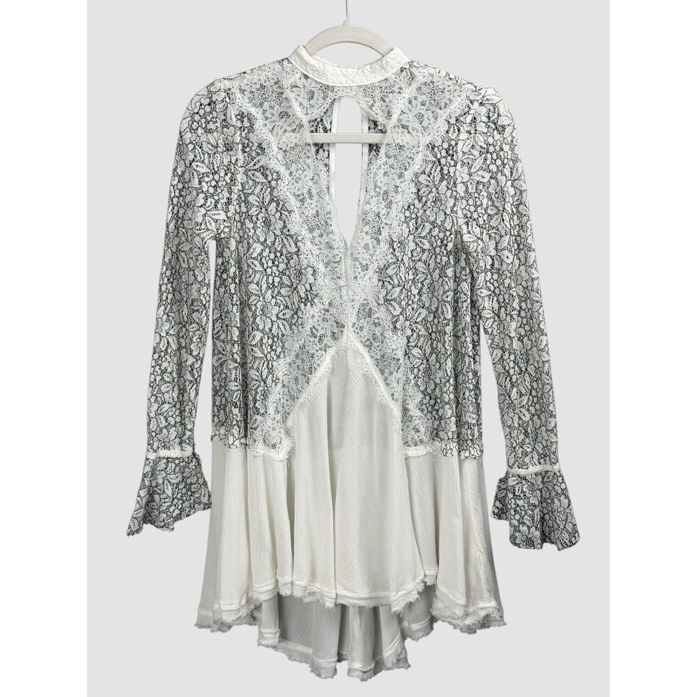 Free People Tell Tale Lace Tunic Mini Dress XS White Gray Boho Romantic Hi Low